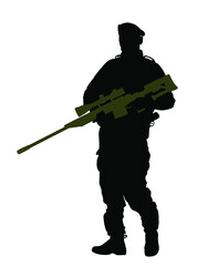Army soldier with sniper rifle on duty vector silhouette illustration. Independence day. Soldier keeps the watch on guard. Ranger on border. Commandos saluting. Memorial Veterans day, 4th of July.