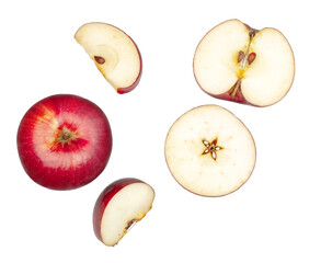 Red apple and slices isolated on a white background, top view