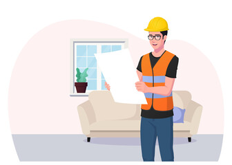 Cartoon Architect, Contractor Character Holding House Plan Concept premium Vector