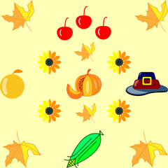 autumn seamless pattern, element orange, pumpkin, hat, apple, sunflower, and corn