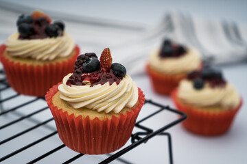 cupcake with berries on a grid with blueberries, balckberries and strawberries