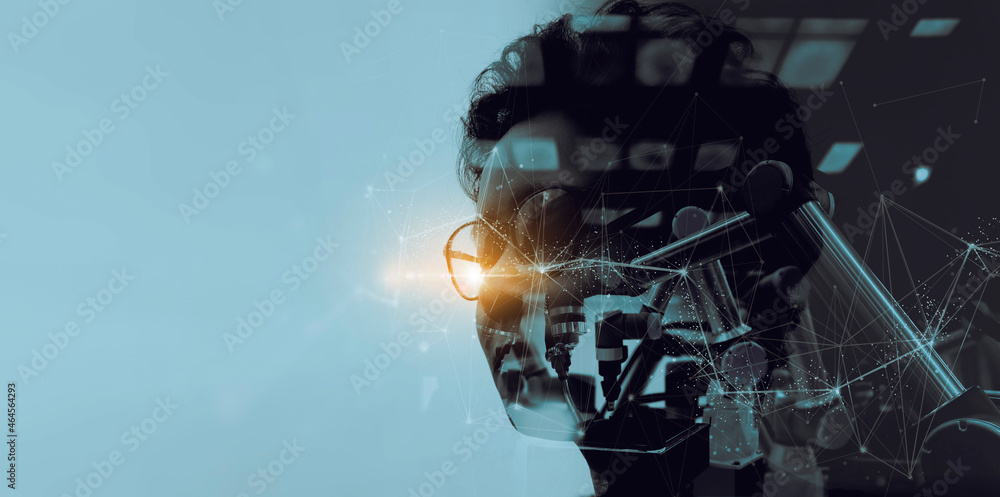 Poster Double explosure of Factory Female Industrial manager Engineer looking at innovation automation robot arms machine in factory industrial on real time monitoring virtual system software.