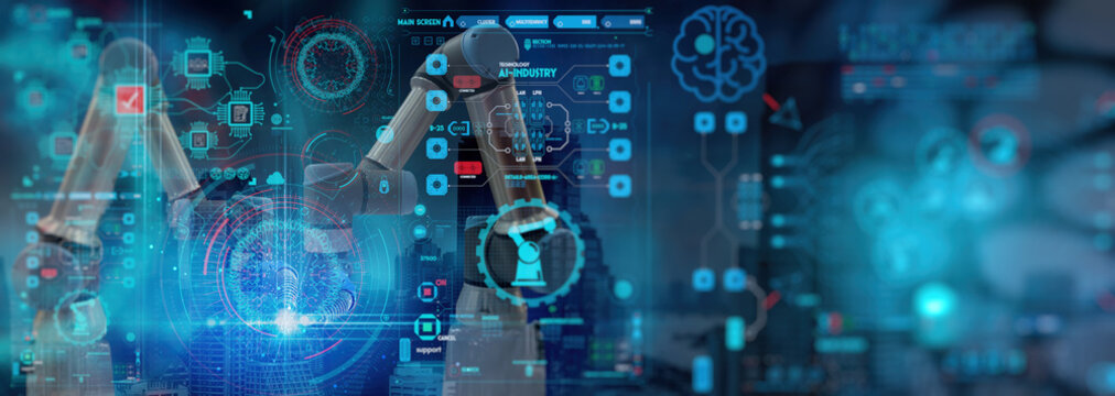 AI Robot arm analyzing mathematics for automated innovation manufacturing process.Concept of robotics virtual technology and machine learning or future mechanized industry problem solving.