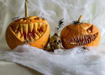 carved pumpkin with a scary smile, spiders, skull, white spider web background, decoration and...