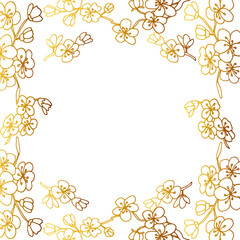 Elegant seamless  pattern with hand drawn sakura. Golden flower frame with free space for text, can be used as template for cards and invitations, fabrics, wallpaper. Vector illustration.