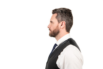 profile view of bearded businessman in business casual style, copy space, hairstyle.