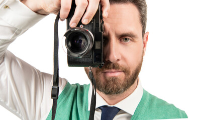 taking pictures. male photographer. businessman photographing. guy hold photo camera. amateur and...
