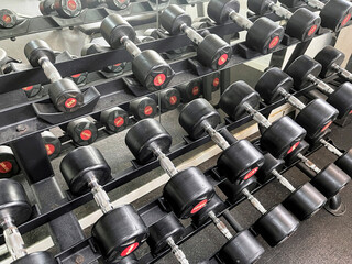Obraz premium set of black dumbbells of different weights, placed on a gym stand