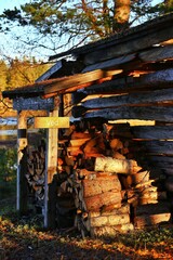 Fototapeta premium Pile of firewood in Sweden, the sign says Ved - Firewood