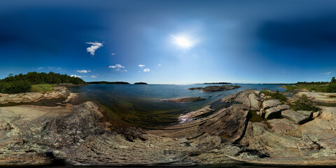 Spherical panorama of lakeside of Vanern in Sweden. Equirectangular projection is used, usable in...