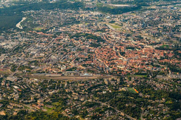 Scenic view on central part of Vilnius capital of Lithuania from hot air balloon. Old Town view from the sky