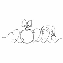 Vector continuous one single line drawing icon of celebrating the 2022 years in santa hat and christmas ball in silhouette on a white background. Linear stylized.