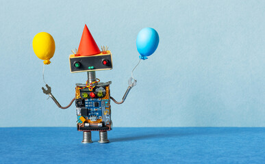 A festive greeting card for any event or birthday party. A happy robot in a paper red hat holds...