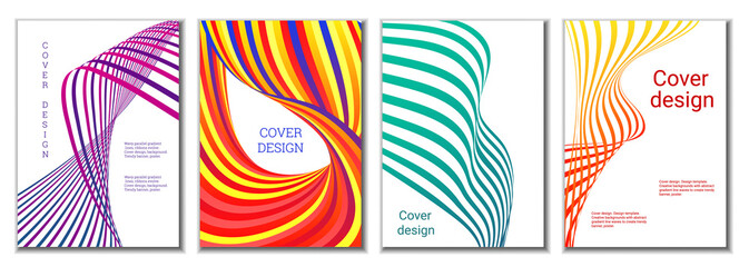 A set of 4 abstract covers. Wavy parallel gradient lines, ribbons evolve. Cover design, background. Trendy banner, poster.