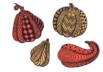 Four patterned pumpkins on a white background. Color graphics