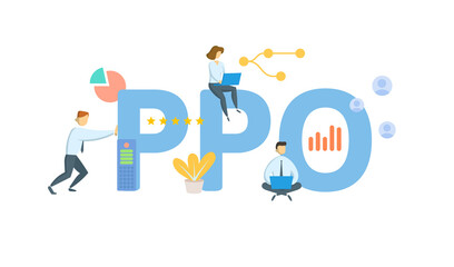 PPO, Preferred Provider Organization. Concept with keyword, people and icons. Flat vector illustration. Isolated on white.