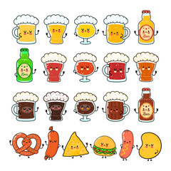 Funny types of beer and snack characters bundle set. Vector hand drawn doodle style cartoon character illustration icon design. Cute beer, pretzel, sausage, hamburger, nachos and chips