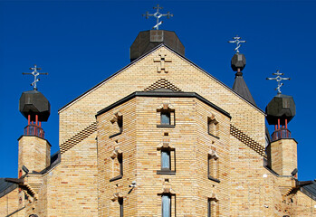General view and close-up of architectural details of the Orthodox Church of the Resurrection built in the 1990s in the city of Białystok in Podlasie, Poland.