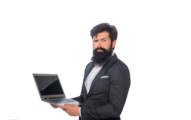 Office, business, technology, internet. Serious man with laptop computer at office. Business man working with laptop. Businessman working with notebook in office. Businessman with computer at office.