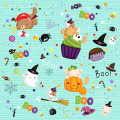 Cute Halloween Background, Cartoon wallpaper for Printable and Digital papers - Halloween Ghost, Bear, Black cat and Pumpkin