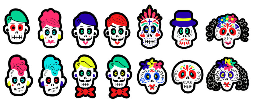 Set of cartoon skulls of different types for Halloween and Day of the dead celebration concept designs