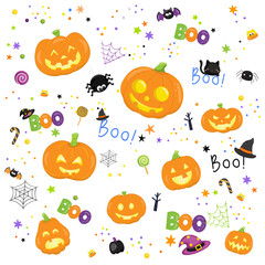 Cute Halloween Background, Cartoon wallpaper for Printable and Digital papers - Halloween Ghost, Bear, Black cat and Pumpkin