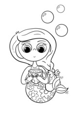Cute little mermaid underwater world, Coloring book page for kids. Collection of design element, outline, kawaii anime chibi style, a beautiful young mermaid.