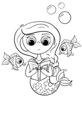 Cute little mermaid underwater world, Coloring book page for kids. Collection of design element, outline, kawaii anime chibi style, a beautiful young mermaid.