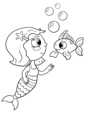 Cute little mermaid underwater world, Coloring book page for kids. Collection of design element, outline, kawaii anime chibi style, a beautiful young mermaid.