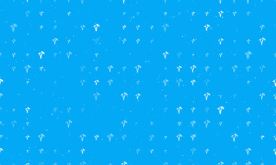 Seamless background pattern of evenly spaced white palm trees symbols of different sizes and opacity. Vector illustration on light blue background with stars