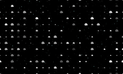 Seamless background pattern of evenly spaced white tourist tents of different sizes and opacity. Vector illustration on black background with stars