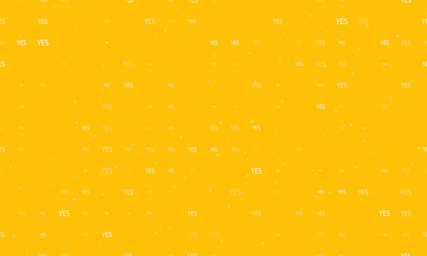 Seamless background pattern of evenly spaced white yes symbols of different sizes and opacity. Vector illustration on amber background with stars