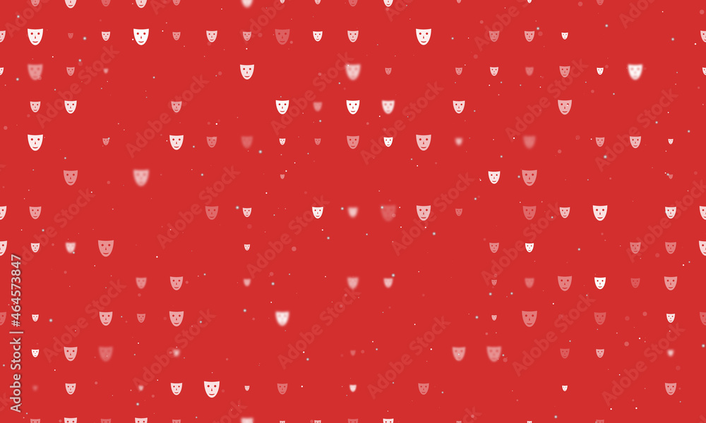 Poster seamless background pattern of evenly spaced white theatrical masks of different sizes and opacity. 