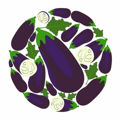 Eggplants in a circle. Vector flat design template. Background of food, farm, gardening or horticulture. - 464573810