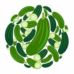 Cucumbers in a circle. Vector flat design template. Background of food, farm, gardening or horticulture. - 464573812
