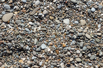 The original texture background of the sea beach, pebbles of different sizes, round and oval. The stones are gray, white and brown. Natural pattern, close-up