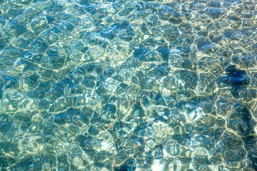 Texture of turquoise sea water in the shoal with visible sandy and pebble bottom. Original background, natural pattern. Close-up with selective focus