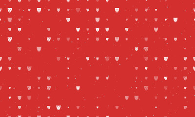 Seamless background pattern of evenly spaced white theatrical masks of different sizes and opacity. Vector illustration on red background with stars