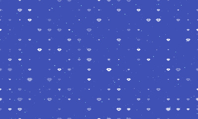Seamless background pattern of evenly spaced white lips symbols of different sizes and opacity. Vector illustration on indigo background with stars