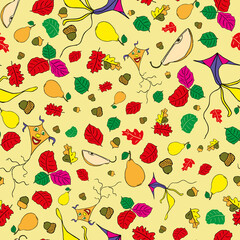 Vector Bright color Autumn with leaves, kite, and acorns background pattern