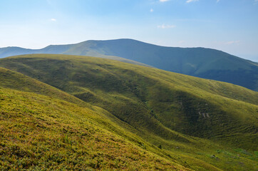 Amazing sunny landscape with grass green hills at Carpathian mountains under blue sky. Borzhava ridge, Ukraine