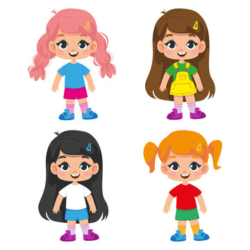 Set of cute cartoon little girls characters. Vector illustration of children in a funny childish style. Isolated clipart.