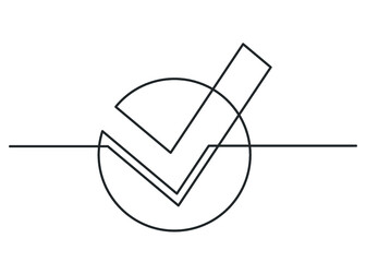Continuous one line drawing of  check mark inside circle. Vector illustration
