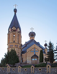 General view and close-up of architectural details of the Orthodox Church of the Resurrection built in the 1990s in the city of Białystok in Podlasie, Poland.