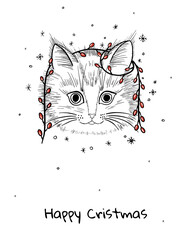 Merry Christmas greeting card with cat character.