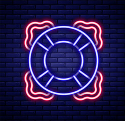 Glowing neon line Lifebuoy icon isolated on brick wall background. Lifebelt symbol. Colorful outline concept. Vector