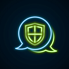 Glowing neon line Shield icon isolated on black background. Insurance concept. Guard sign. Security, safety, protection, privacy concept. Colorful outline concept. Vector