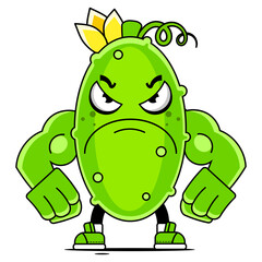 Vector illustration funny cucumber cartoon character in a round frame with handwritten words Cucumber Juice