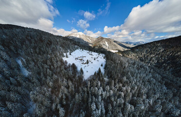 Aerial winter landscape with small rural houses between snow covered forest in cold mountains.