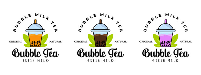 bubble tea set logo. fresh milk boba. milkshake vector illustration
